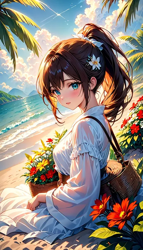 Anime Girl Beauty, ideal anatomy, Bright, sexy, sits on the beach in the hands of a magazine, There is a straw handbag nearby,  Where People Relax with Green Palm tree and Beautiful Plants, flower beds, Pleasant Gentle Wind, Develops Her chestnut Hair, Ver...