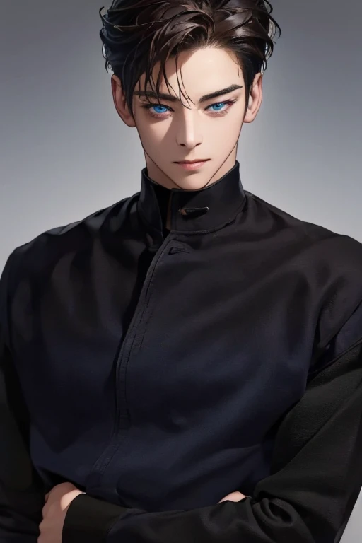 (best quality,4K,8k,high resolution,work of art:1.2),ultra-detailed,(realisticphotorealisticphoto-realistic:1.37),35 years,1 man,blue eyes ,Portraits,strong,masculine,dark hair,sharp jaw,mesmerizing eyes,perfectly styled hair,cool anime outfit,confident ex...