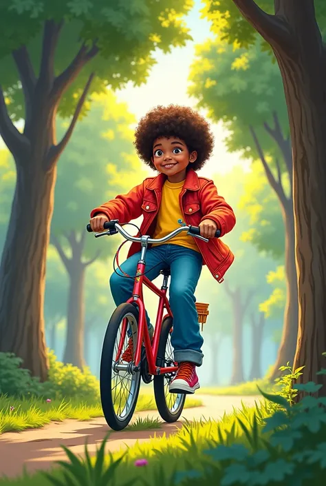 A boy dressed in eighties fashion,Riding a bicycle ,in a park in the afternoon ,with trees in the background,cartoon