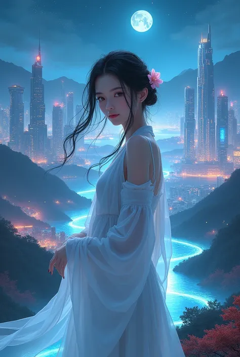 best quality, masterpiece, highres,, 1girl, Detailed face, (Upper body:1.6), Cyber cities, mountains and rivers, night, firefly lights, Realistic, rich in detail, (White hanfu:1.2), (beautiful body:1.4),