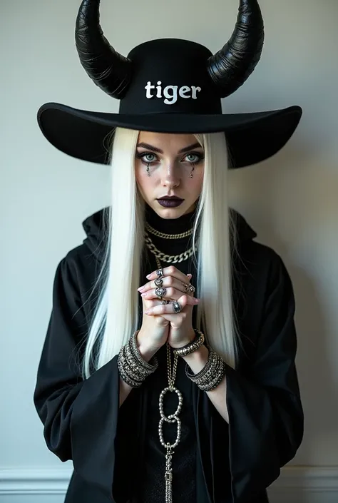 long straight white hair, black hat with horns with the inscription "Tiger", black and white clothing with various intricate patterns and textures, various bracelets and rings, pale and smooth skin, multiple piercings on the face, white wall environment, d...