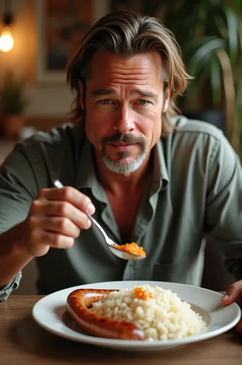 brad pitt eating sausage with. rice