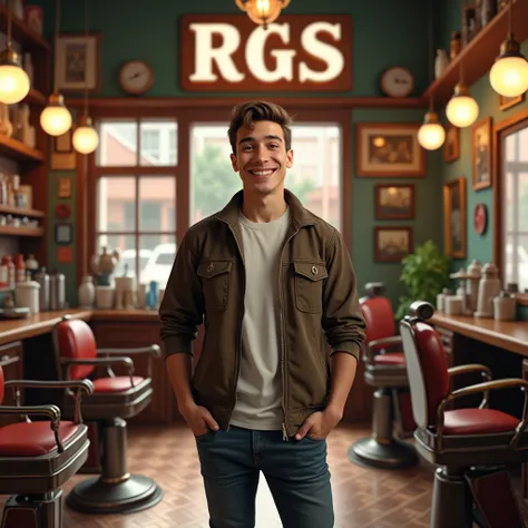 RA young man stands smiling in a barber shop.  Shop  name " RGS " should be visible in the shop.