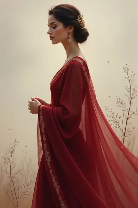 A women in a simple but elegant and beautiful maroon coloured saree 