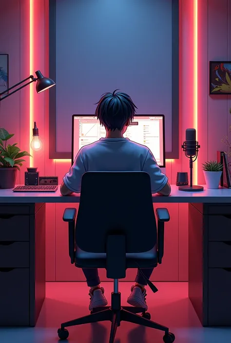 Create a studio background type image with a pc and mic and light behind the anime character 



