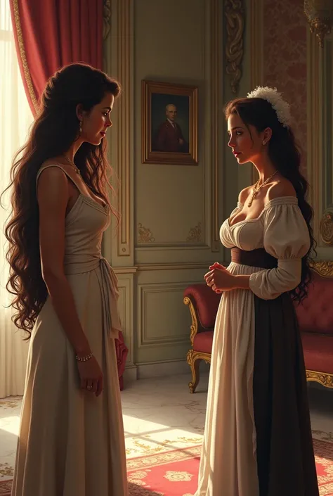 Brown haired woman with brown skin talking to her poor maid in her luxury home