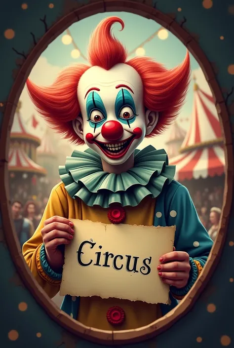 Create a picture of Art the Clown holding a sheet of paper with Circus written on it. You can see him through a peephole