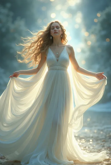 a book cover, a beautiful and ethereal goddess wearing a white gown, the goddess of hope and light.