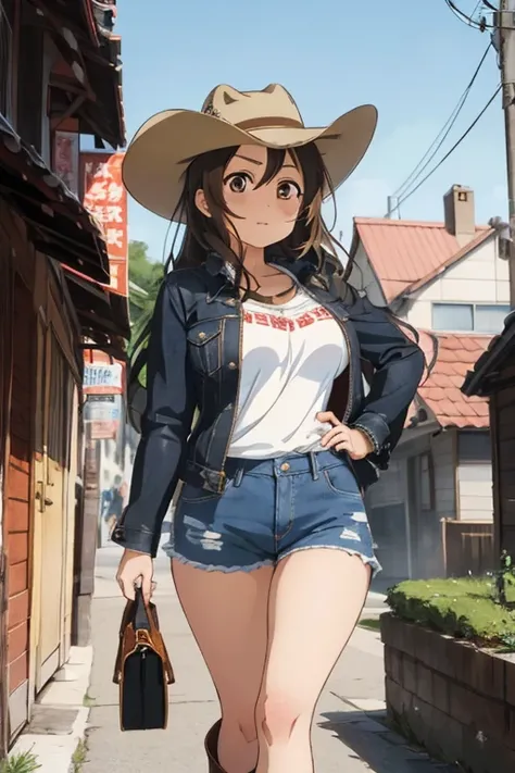 1 female, brown long anime hair, huge breast, teenage girl, brown eyes, thick eyebrows, cowgirl clothes, cowboy hat, jean short, jacket, boots, house, thick legs, city, walking, close up