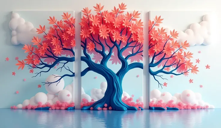  "A three-panel colorful wall art with a stylized tree with red and vlue leaves. A colorful wall art with a stylized tree in the center, its branches spreading across all three panels. Flowers are perched on the branches in the left and right panels. The d...