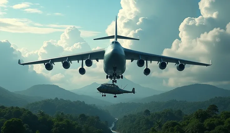 The Antonov An-124 Ruslan flying over a dense jungle, carrying an oversized helicopter suspended beneath its massive belly. The aircraft is cutting through a sky filled with towering clouds, while below, the green expanse of the jungle stretches as far as ...