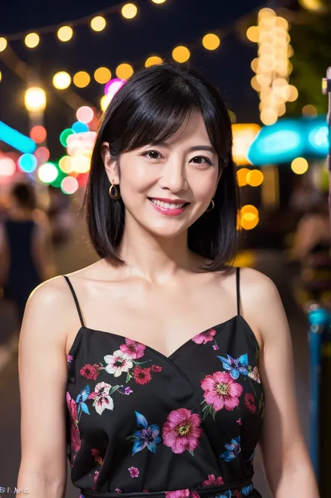 (Top quality, 8k, 32k, masterpiece), professional lighting, Japanese mature woman with heavy makeup, large chest,summer fashion, 1 person, beautiful aunt, 45years old,smile,black hair,night street face shot