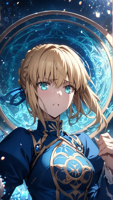 absurdres, highres, ultra detailed, HDR, master piece, Artoria Pendragon, blonde hair tied in a bun, expressive turquoise eyes, Saber, blue dress, extremely beautiful, sexy woman, best quality, Fate Grand Order, magical circle, fantasy, magical, sensual, b...