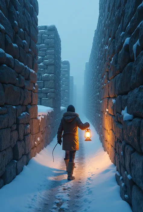 First person perspective with a lamp in hand, frozen stone maze snowy weather