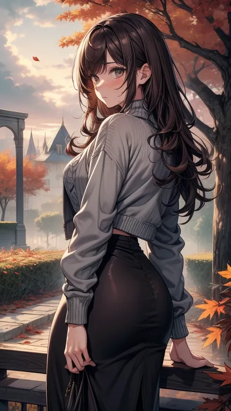 masterpiece, best quality, high detail, beautiful woman, solo focus, long wavy hair, (dark brown hair), (messy hair), (gray open jacket and sweater), (black midi pencil skirt), (((long skirt))), wide hips, lower body, garden, ((cloudy evening)), fall leave...