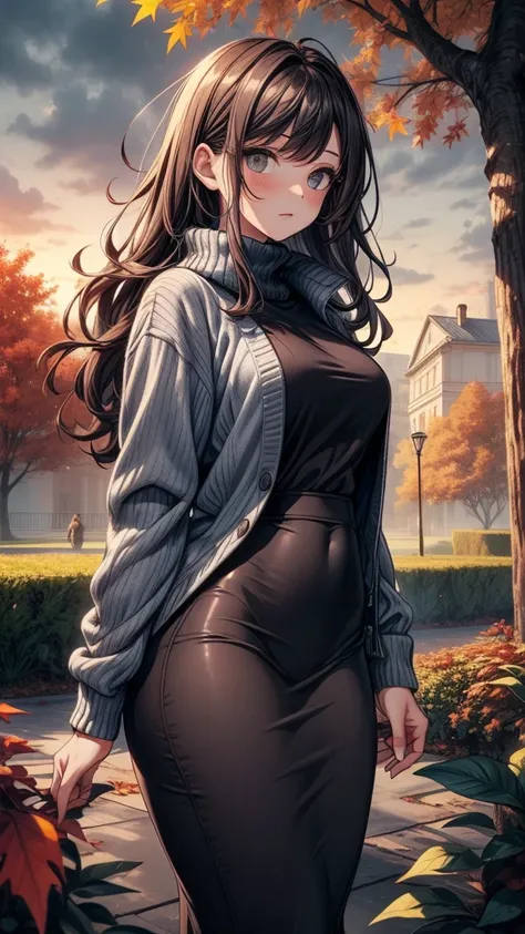 masterpiece, best quality, high detail, beautiful woman, solo focus, long wavy hair, (dark brown hair), (messy hair), (gray open jacket and sweater), (black midi pencil skirt), (((long skirt))), wide hips, lower body, garden, ((cloudy evening)), fall leave...