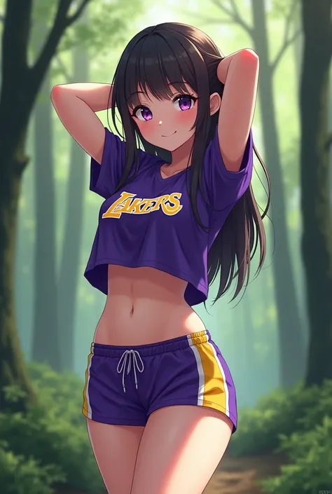 A shy anime girl, lakers uniform purple, shorts purple, t-shirt, navel, abs, strong abs, trees background, shy smile, arms behind head, trees background, pose sexy, stretching, hair purple, purple eyes, princess cut, legs crossing