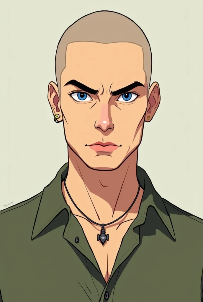 Shaved man wearing prescription glasses with blue eyes and a basic military green shirt wearing a minimalist animation-style necklace