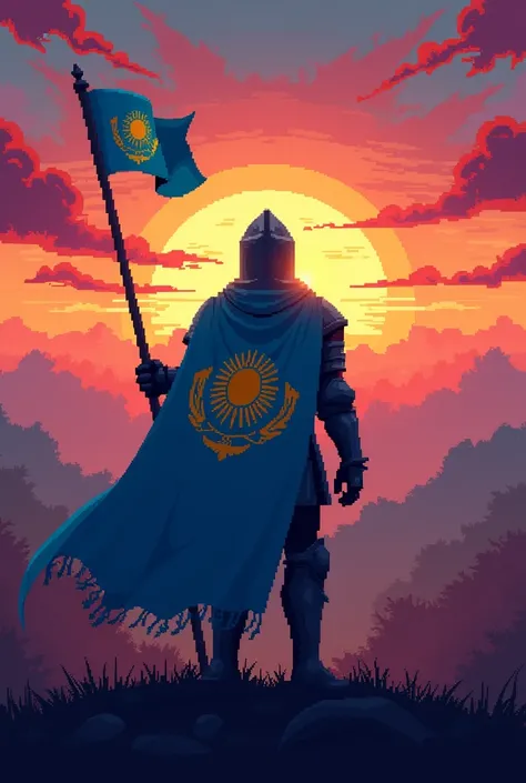 Pixelated knight with Kazakhstan flag pixelated in sunset