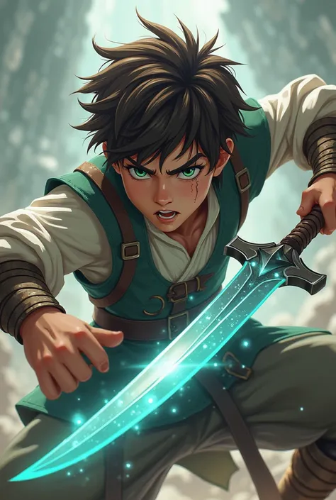 a teenager, whose appearance is very mature, he has green eyes and brown hair, along with clear skin. He holds a large dagger with transparent colored magic embedded in it as he fights violently with a dragon that resembles a wingless lizard., The young ma...