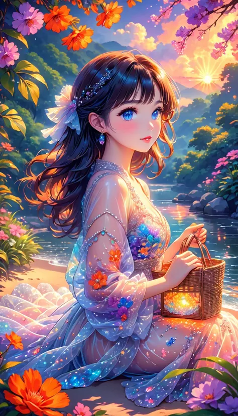 Anime Girl Beauty, ideal anatomy, Bright, sexy,  She is wearing a flowing, transparent gown that looks like its made of delicate glass or crystal, adorned with intricate floral patterns and luminous beads that catch the light, sits on the beach in the hand...