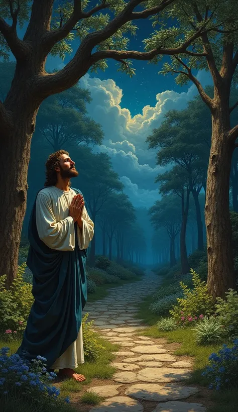 /imagine Jesus praying in the Garden of Gethsemane, depicted in a medieval style with lush, detailed vegetation and a dramatic night sky. Jesus is shown in prayerful solitude, surrounded by ancient trees and stone pathways.
