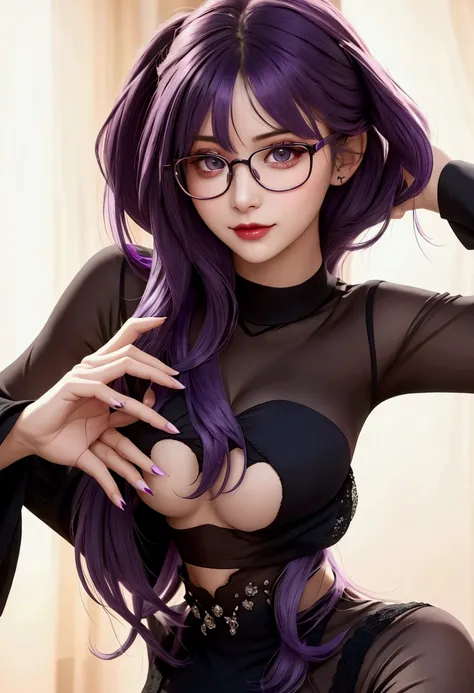 Beautiful girl with purple hair and glasses posing for the camera, seductive girl, realistic