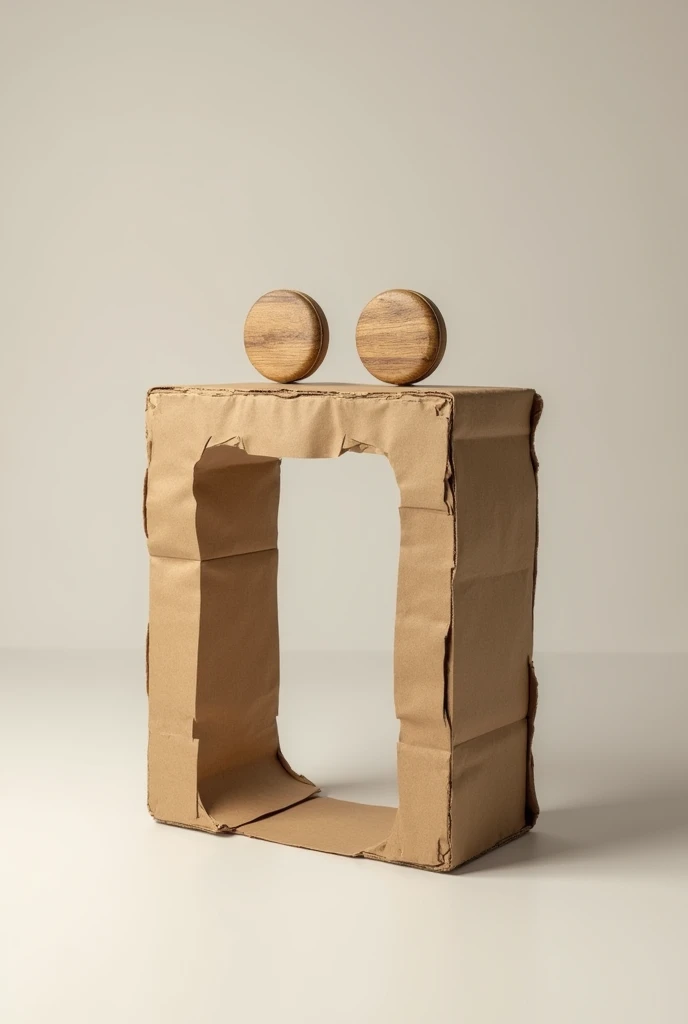 A realistic image with a half-turned rectangle made of cardboard with 2 circles on top 