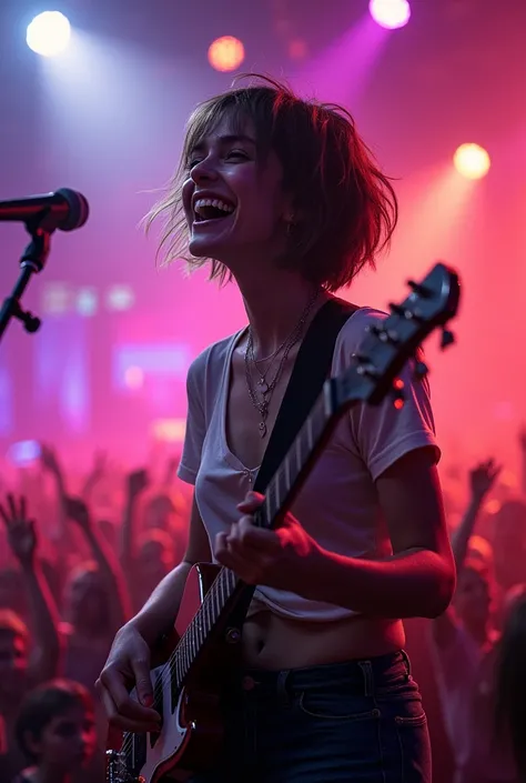 a female guitarist with short hair crying with happiness at a concert 