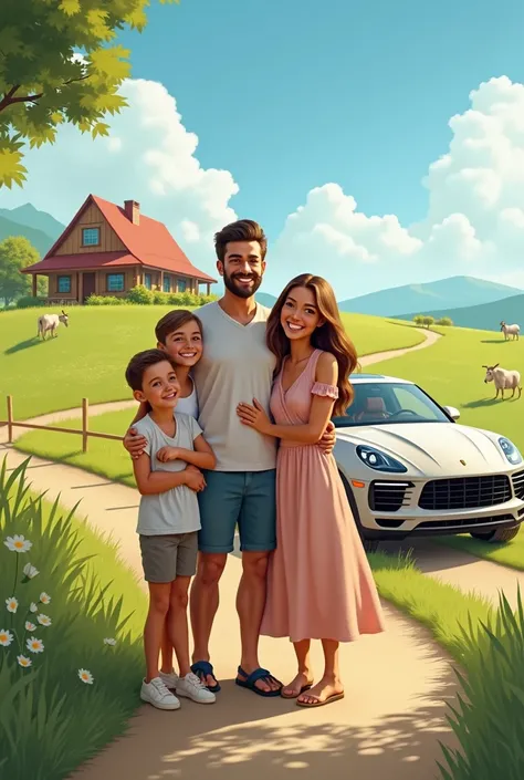 Happy family on the hill with their beautiful house and their animals, and a very fine car.