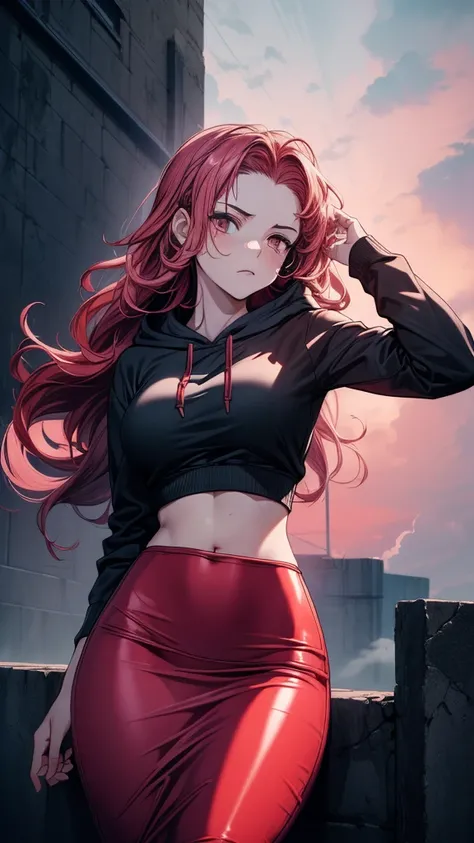 (((((masterpiece))))), (((((best quality))))), (((((high detail))))), (((((highres))))), beautiful woman against wall, frown, solo focus, one person only, long wavy hair, pink (red hair), (hoodie), ((red)) midi pencil (((skirt))), ((long skirt)), ((wide hi...