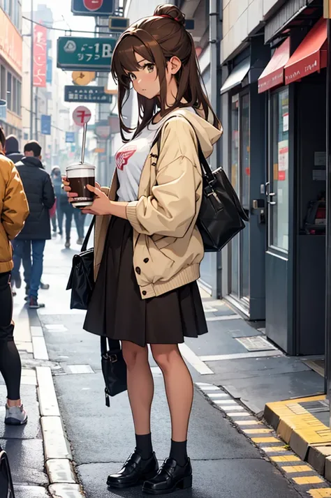 anime girl holding a cup off coffe. Full body. Fine line. cute girl, brown hair 