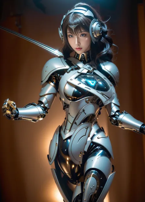 Super Detail, High Detail, high quality, best quality, High resolution，a female robot，Beautiful female robot,beautiful clear face(Rain waves_haneame：1.5)，mechanical body(whole body machinery，body curve，Large size chest，Western knight style)，knight armor