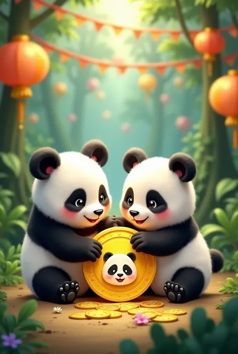 Create cute but not very young pandas with coin having pandas head logo on it coin should be golden but head should be in black and white . panda should be in a good placewith some trees behind. You can add some festival things in behind you can decrease t...