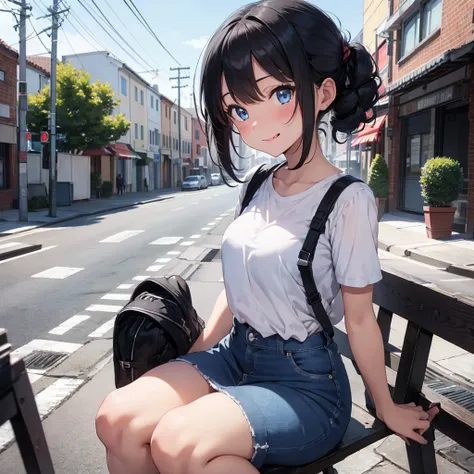 Shortcuts, One girl, High resolution, Black Hair, blue eyes, Sticking out tongue, chest, Blushing, smile, look up, Anatomically correct, 最high quality, high quality, Squat, Short denim skirt, Around town