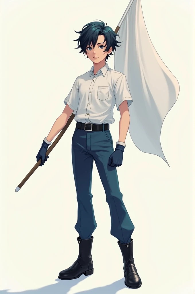 A boy with black wavy hair, tall and with a short-sleeved shirt on the inside, with blue dress pants and black ankle boots, Also draw him some gloves and him holding a white flag 