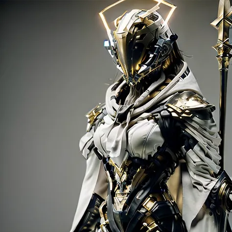 Masterpieces, female, Holy White Knight, Action style shot, (Battle Priest in a warframe and halo style armor with a staff with a cross), (Silver, Gold and White color scheme), (white hood and cape), (action shot: holding staff), white and gold tabard (sol...