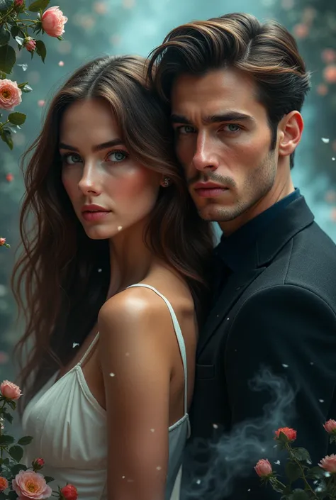 Cover of a romantic thriller with the face of a beautiful woman, long brown hair, next to a handsome man, Both mysterious, Like main characters; and in the background the beautiful woman trying to stop a wrong wedding, broken glass effect, flowers and smok...