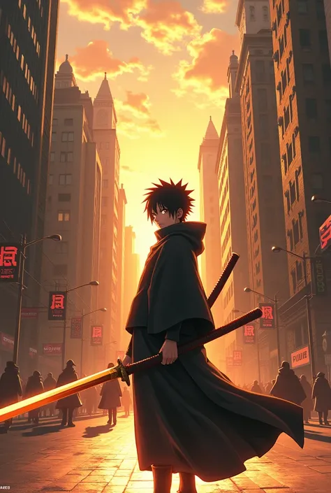 sunny city in the afternoon Obito uchiha  real stick image with mangekyou sharingan amber katana muramassa