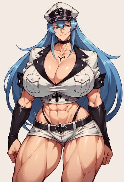 general esdeath, Massive breasts, {Ultra gigantic breasts} massive cleavage, toned abs, wide hips, muscular, smirk, arena