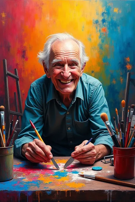 Abstract painting that shows that art and color are transformative. that shows an old man making art, happy, Very colorful image, that many artistic tools can be seen
