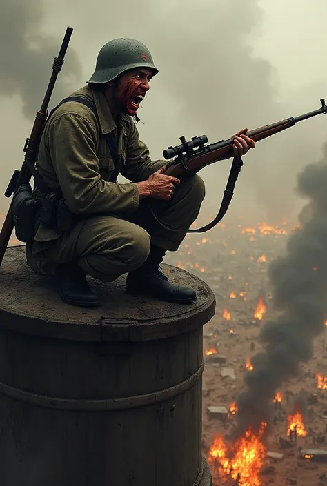 A crazy Japanese soldier in 1945 is sitting on a tower with an sniper rifle and shooting in soviet soldiers, fire in japanese man eyes, his form is covered in blood and mud