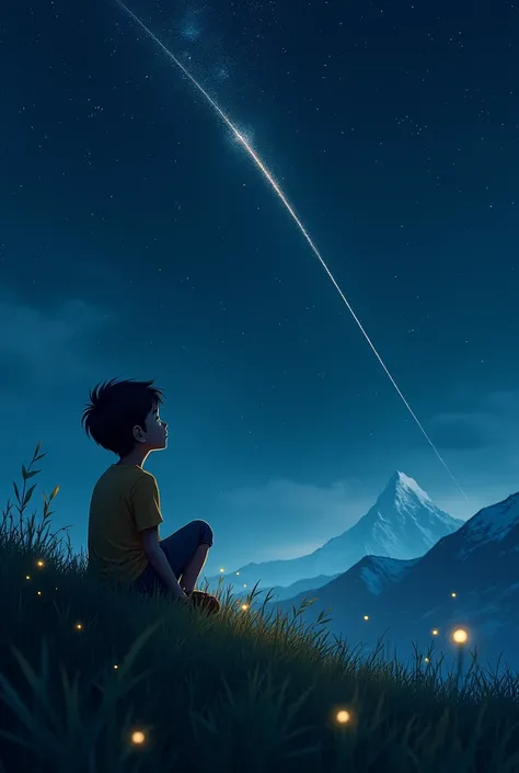 A young boy wearing casual cloths gazing up at the shoot8ng star passing by at the beautiful night sky full of stars and galaxies ...sitting on the hill top with full of grass.....there are many fireflies on the ground where he is standing....there is refl...