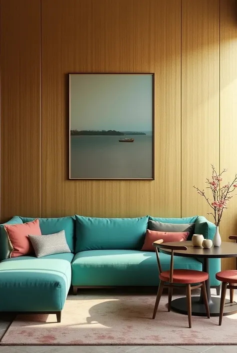 Generates a realistic image, a wall with gold wallpaper, Add a vibrant mint L-shaped sofa with gold accents, and a dining room with a round table in dark wood and chairs covered in coral-colored fabric. Light up the image Separate the dining room from the ...