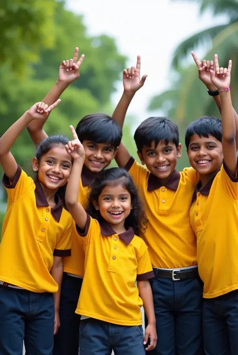 4 to 5 indian school kids are happy for his school admission, they are wearing school uniform and yellow t-shirt with dark brown collar and hand border, need real stock photo no illustration