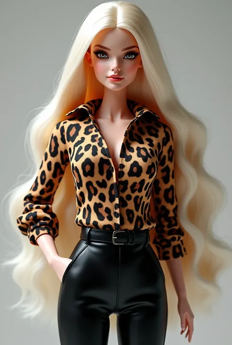 Create a Barbie, white skin, very straight and long hair, black eyes, wearing a leopard print blouse and black dress pants 