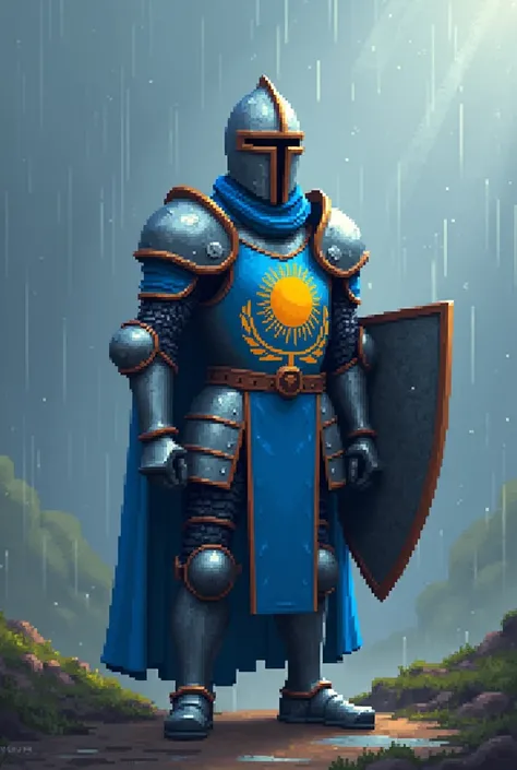 Pixelated knight with pixelated Kazakhstan flag pixelated in pixelated rain pixelated 