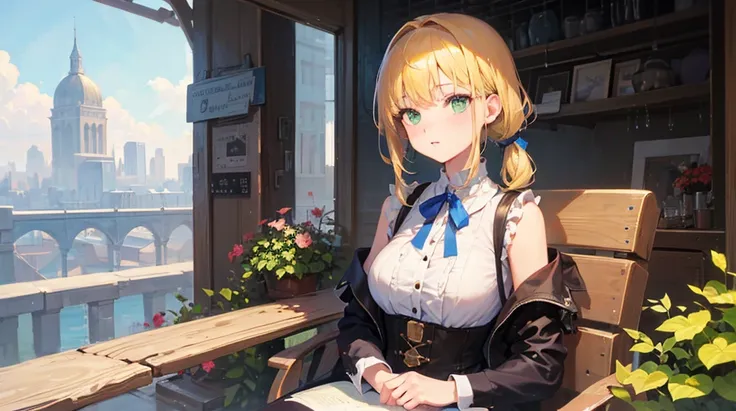 ((masterpiece,Best quality, High resolution)), 1 woman, Alone, Green eyes, Long blonde hair tied with a blue ribbon, blunt bangs, seat, Cross one&#39;s arms on the table, Sleep with your arms crossed, , white angel, Red Sailor Necklace, short sleeve, White...