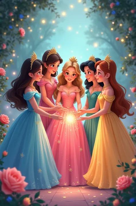 Disney princess style drawing of a group of 5 girls working as a team and thanking them for their support