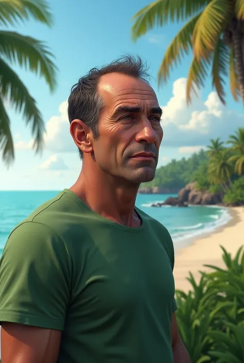 Realistic Picture of a  45 year male with baldness and black hair wearing green t shirt  face rounded from back over looking sea and coconut trees 